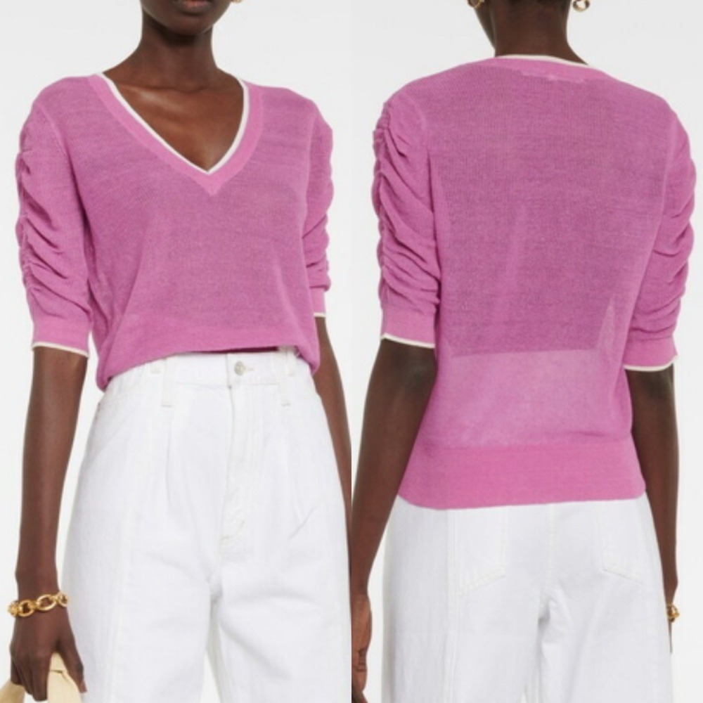 Veronica Beard Pink V-Neck Linen Blend Seville Ruched Sweater, Size M